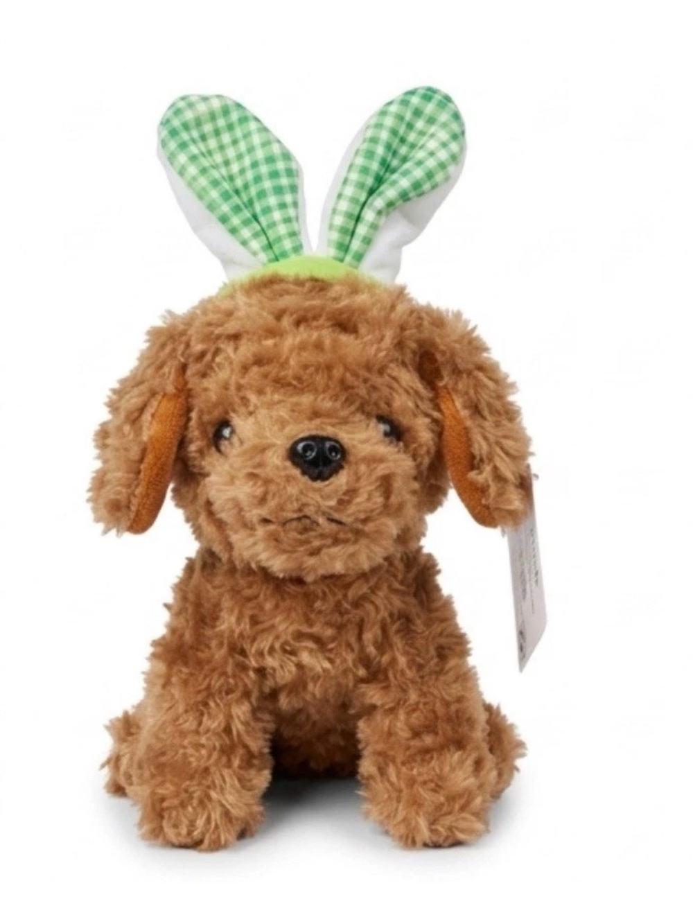 Plush Brown Poodle Dog Toy with Green Gingham Bunny Ears 10” NEW